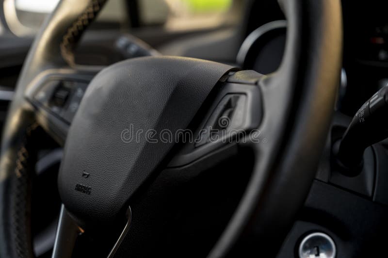 Modern Car Interior Steering Wheel, Gearshift Lever, Multimedia System