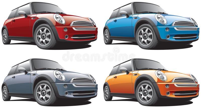 High quality vector image of modern small car, isolated on white background, executed in four color variants. File contains gradients. No blends and strokes. Easily edit: file is divided into logical layers and groups.