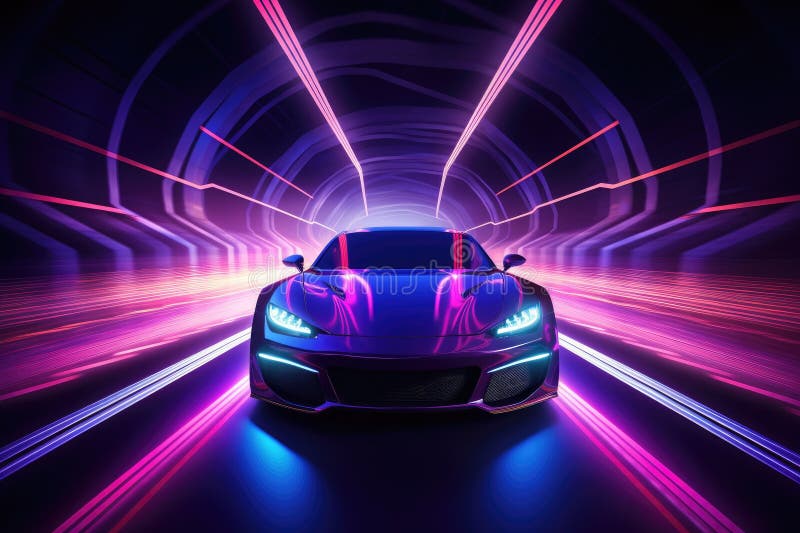 Modern car on the road with motion blur background. 3d rendering, Car in a tunnel with neon lighting, front view, stock illustration.