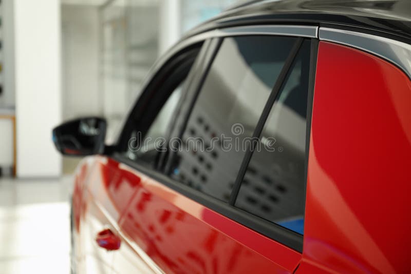 Modern car with tinting foil on window, closeup. Window color reflection background stock images, royalty-free photos and pictures