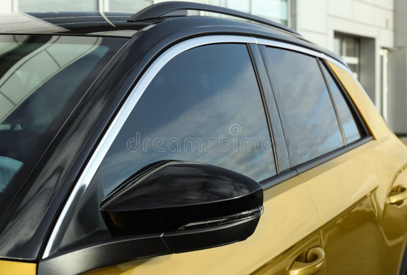Modern car with tinting foil on window outdoors, closeup. Window color reflection background stock images, royalty-free photos and pictures