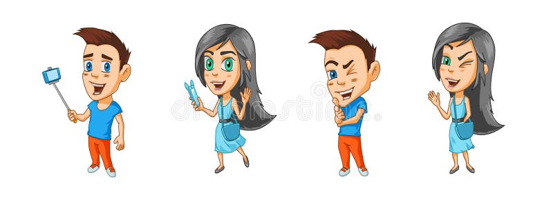 Modern Cartoon Characters Boy and Girl Bloggers with Gadgets in Their Hands  and Winks Stock Vector - Illustration of design, hair: 110749219