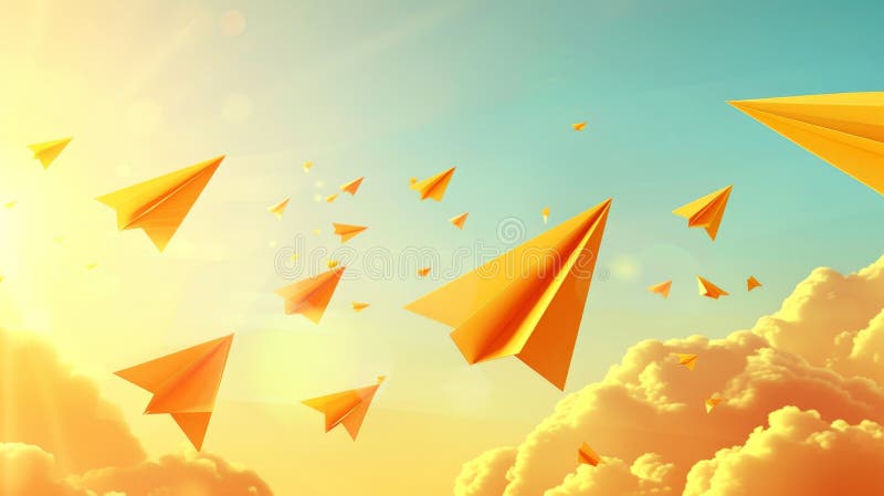 Modern cartoon children planes in air on school notebook background. 3D flying yellow paper airplanes.. AI generated