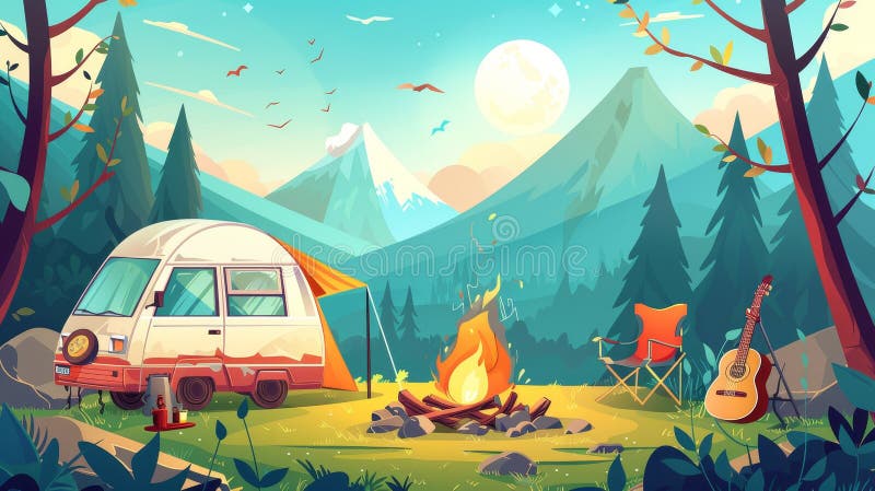 Modern Cartoon Landscape of a Summer Camp with Bonfire, Tent, Van ...