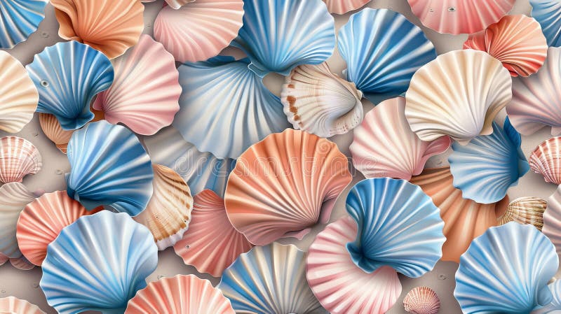 Modern cartoon texture set with blue, pink and brown scallops and tropical bivalve mollusks. Seashell seamless pattern with abstract beach background. Bivalve shell stock images, royalty-free photos and pictures