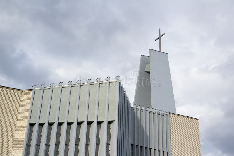 Modern catholic christian church with angular minimalist and futurist design