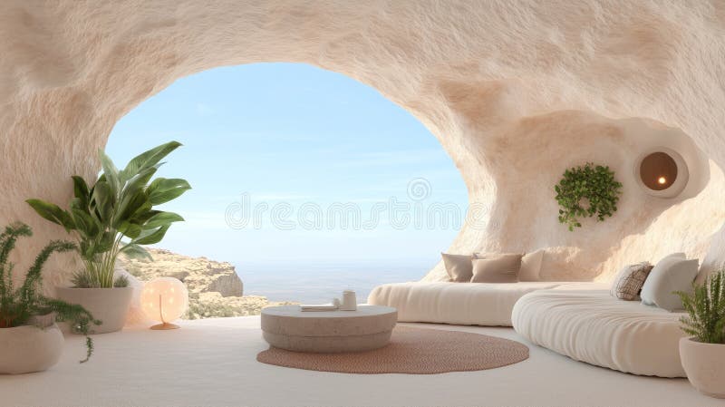 Modern Cave Living Space with Scenic View and Elegant Natural