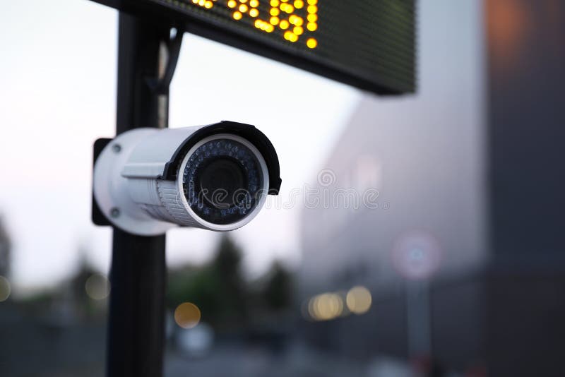 Modern CCTV Security Camera on Street, Closeup. Stock Photo Image of