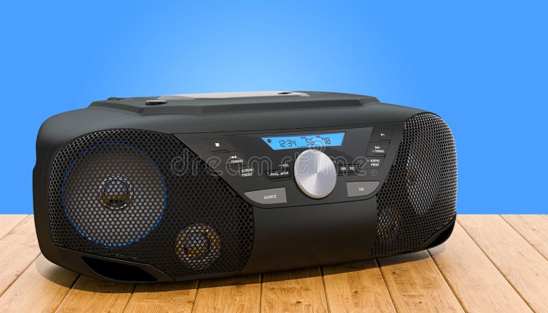 Modern CD Boombox med den stereo- radion f?r AM/FM p? tr?tabellen, tolkning 3D stock illustrationer Modern CD Boombox med den stereo- radion f?r AM/FM p? tr?tabellen, tolkning 3D stock illustrationer