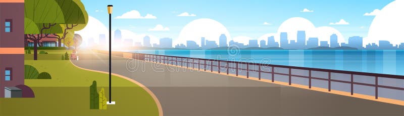 Modern city empty quay urban cityscape skyscrapers background view of road river and downtown early morning sunrise