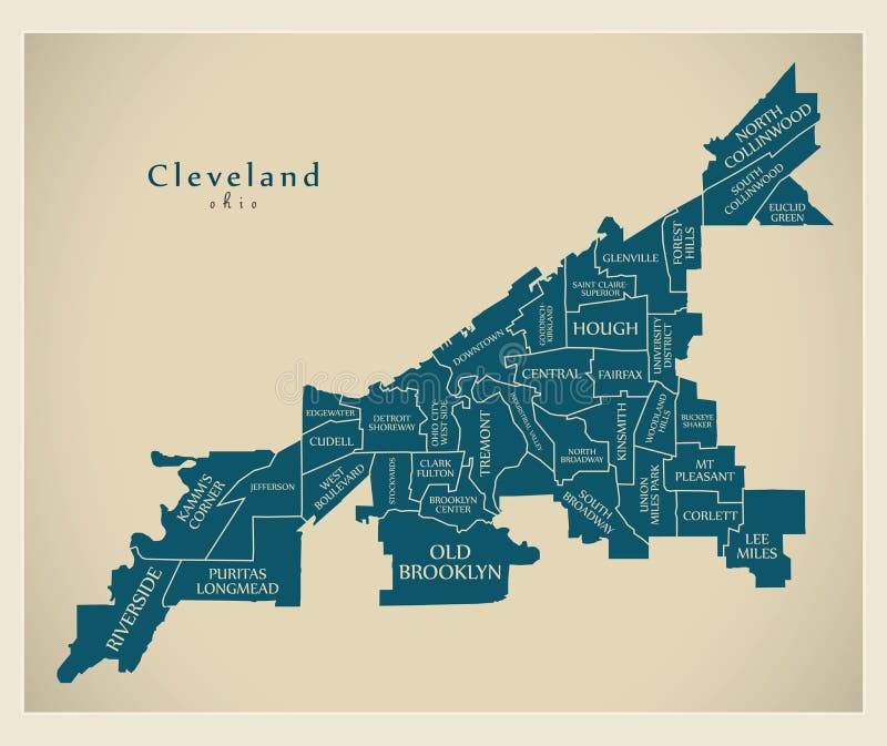 Cleveland Ohio City Map with Neighborhoods Grey Illustration Silhouette