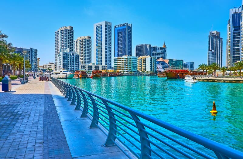 The dhow boats port in Dubai Marina, UAE royalty free stock image