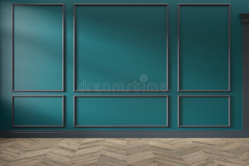 Modern classic green, turquoise color empty interior with wall panels, mouldings and wooden floor. royalty free stock photo