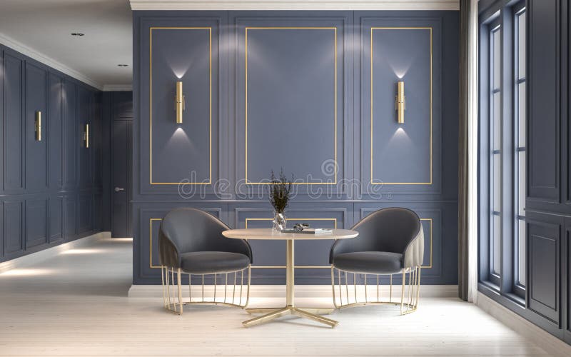 Modern classic interior with armchairs and coffee table, decorative blue wall with gold frame, 3D rendering, 3D illustration vector illustration