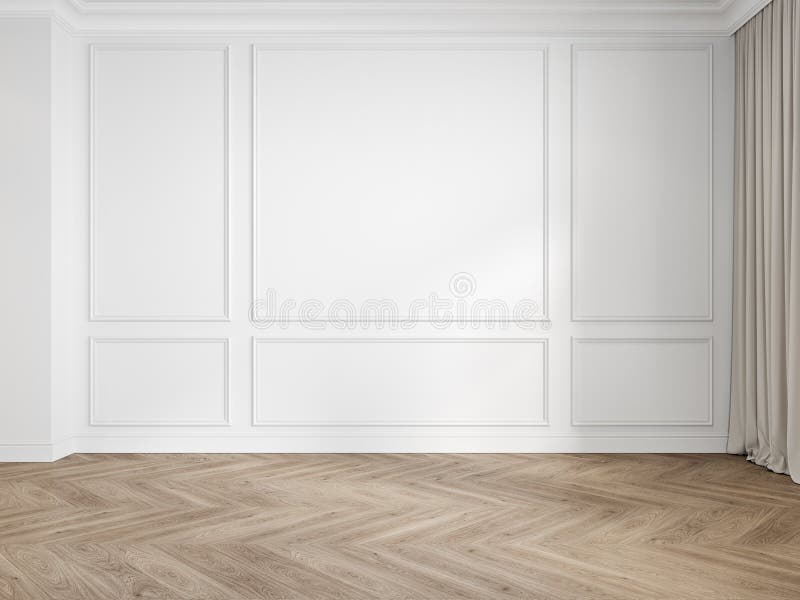 Modern classic white interior blank wall with moldings, panelling, wood floor, curtain.