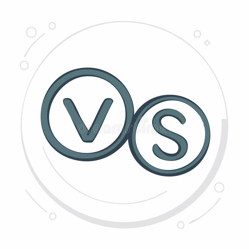 A modern and clean vector illustration of the 'VS' or 'Versus' logo. The letters V and S are encased in interconnected circles, rendered in a stylish flat design with a muted blue-grey color palette. This icon symbolizes competition, battle, comparison, and conflict. It's an ideal graphic element for sports events, video games, debate posters, infographics comparing two options, or any design project that requires a symbol for opposition or a head-to-head challenge. Isolated on a white background. Logo comparison vectors