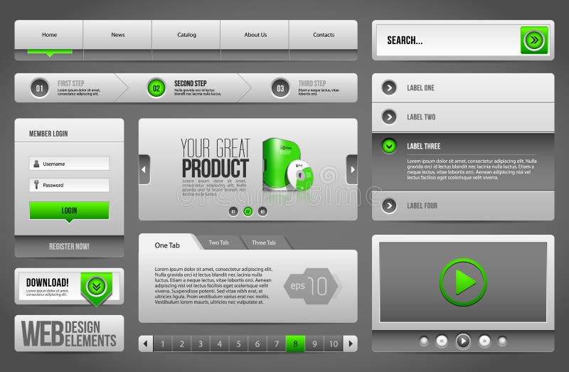 Modern Clean Website Design Elements Grey Green Gray: Buttons, Form, Slider, Scroll, Carousel