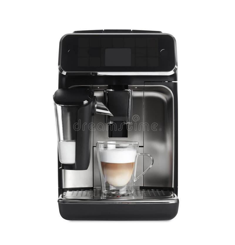 Modern Coffee Machine with Cup of Cappuccino Isolated on White Stock
