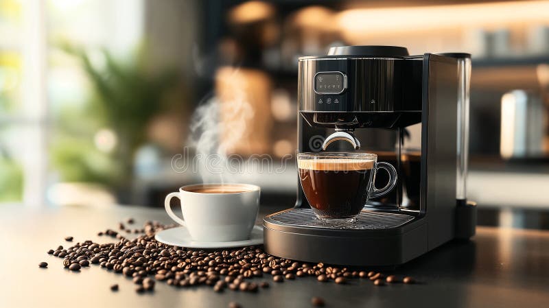 Modern coffee maker brews fresh coffee surrounded by scattered coffee beans. ai generative stock illustration