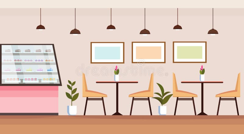 Modern coffee shop empty no people cafeteria interior bakery store with showcase tables and chairs flat horizontal vector illustration