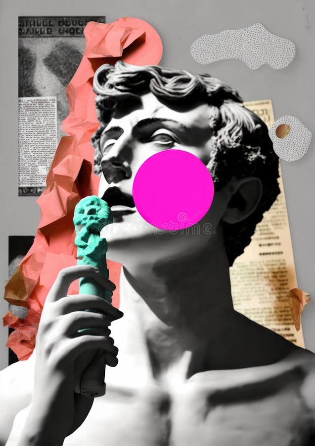 Modern Collage of Antique Statue with Buble Gum, Pop Art Style, Ai Generated Stock Image Image