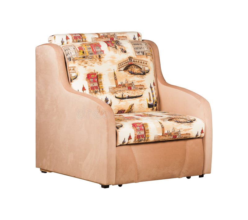 Modern Comfortable Beige Cloth Armchair Isolated on White Background