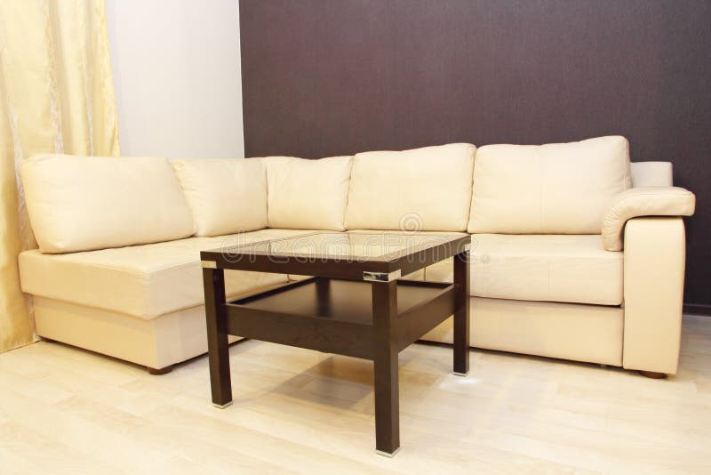 Modern Comfortable White Corner Leather Sofa and Coffee Table. Stock