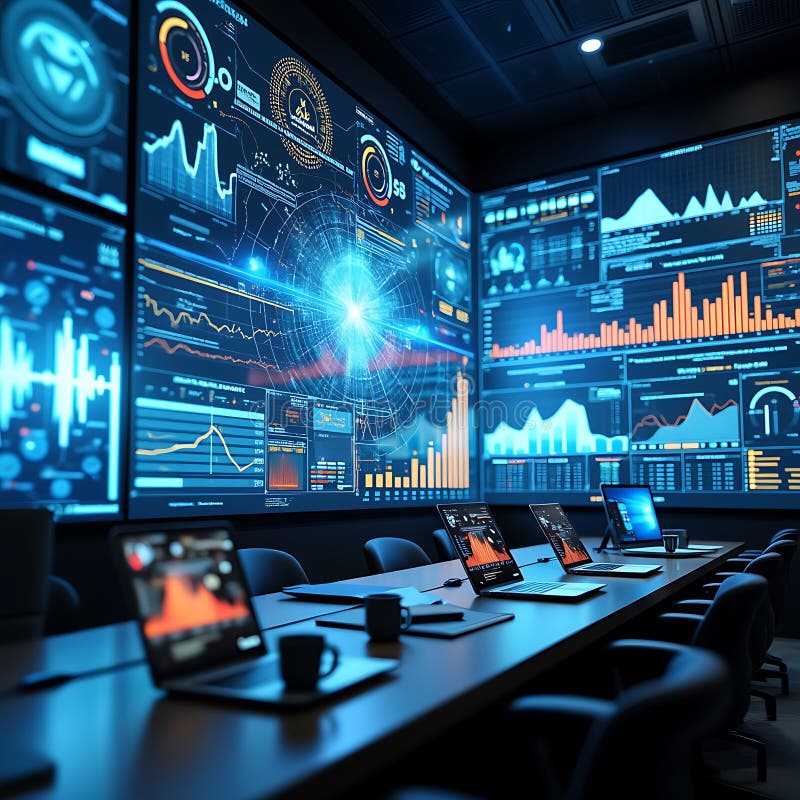 Modern Command Center with Real-Time Global Data Visualization on Multiple Screens. royalty free illustration