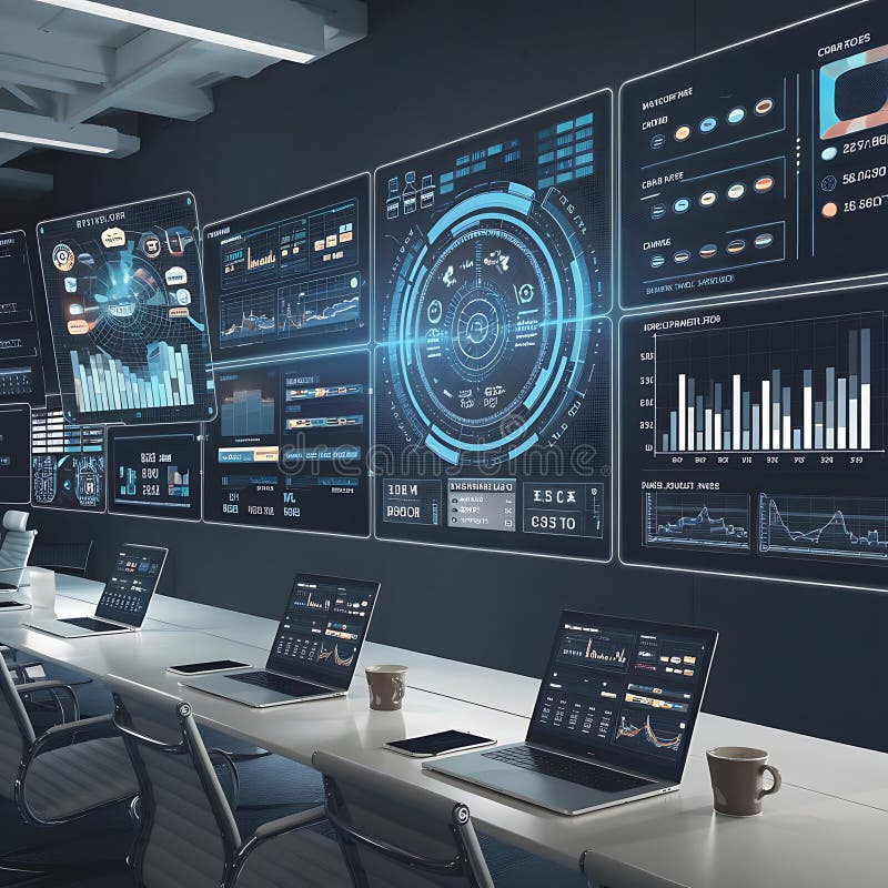 Modern Command Center with Real-Time Global Data Visualization on Multiple Screens. royalty free illustration