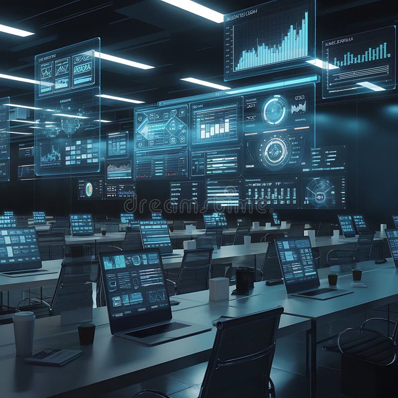 Modern Command Center with Real-Time Global Data Visualization on Multiple Screens. vector illustration