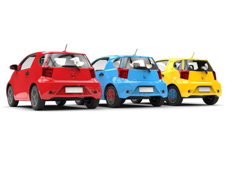 Modern compact urban electric cars in red, blue and yellow - back view royalty free illustration Modern compact urban electric cars in red, blue and yellow - back view royalty free illustration