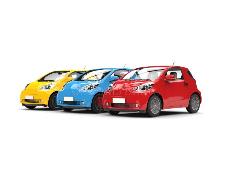 Modern compact urban electric cars in red, blue and yellow royalty free illustration Modern compact urban electric cars in red, blue and yellow royalty free illustration