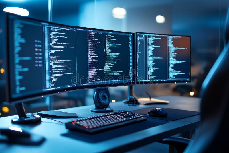 A Modern Computer Desk with Multiple Monitors Displaying Code Perfect ...