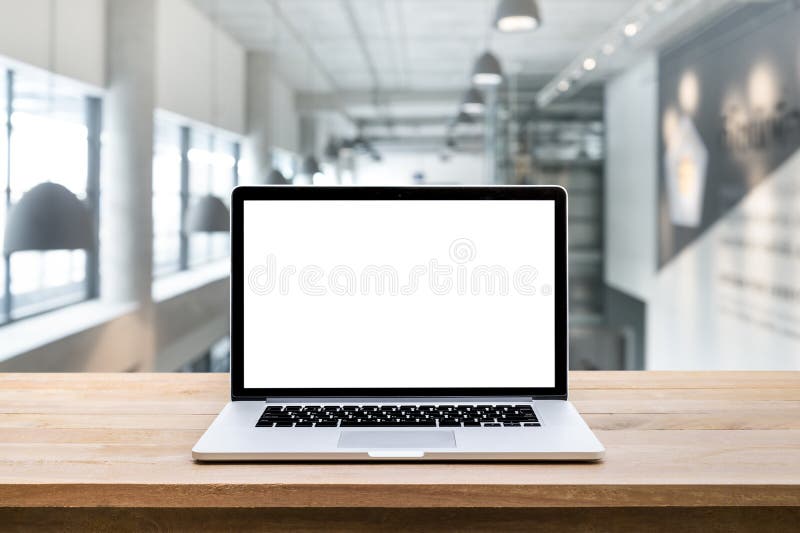 Modern computer,laptop with blank screen on blur modern/contemporary hall royalty free stock photos