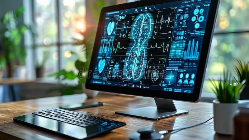 Modern computer monitor showcases advanced medical data and health metrics, enhancing workspace technology and promoting wellness vector illustration