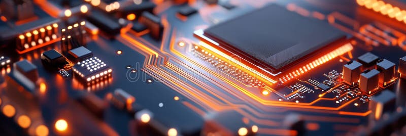 Modern Computer Motherboard Components Closeup of a modern computer motherboards intricate circuitry showcasing the central stock illustration