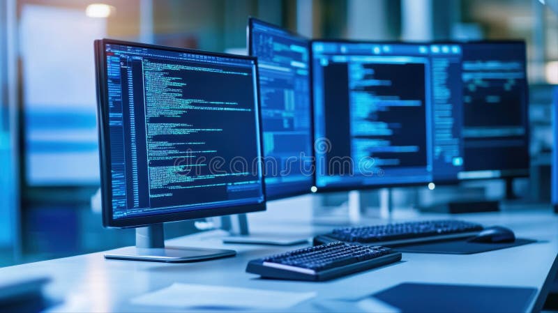 Modern computer programming workspace with multiple screens displaying code in a bright office environment for software development and programming professionals. AI generated