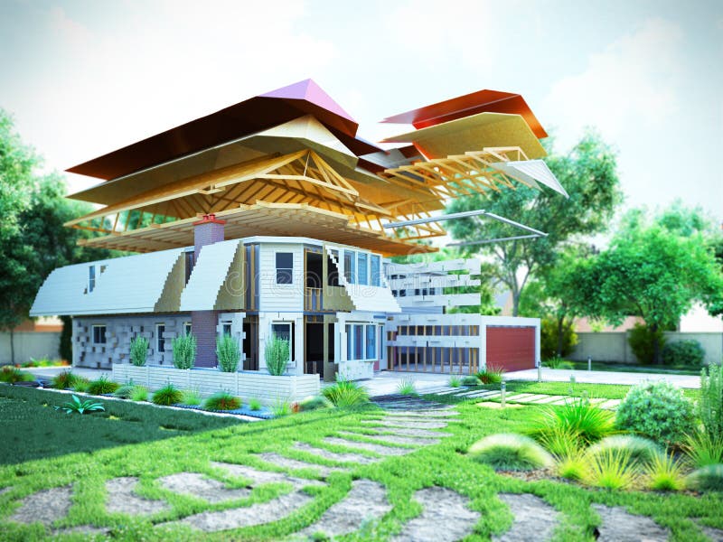 Modern concept of construction works the house is assembled by p stock illustration