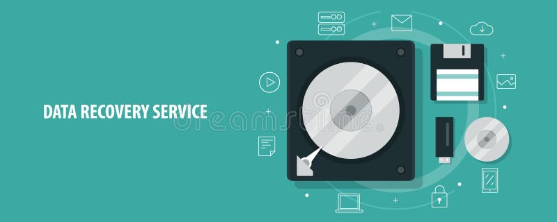 Data recovery, hard drive, disk, pen drive, find lost data, service, expertise concept. Flat design vector banner. vector illustration