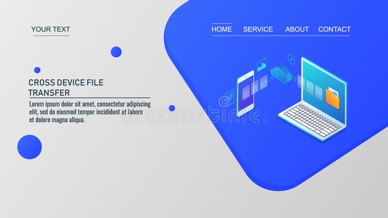File transfer, computer to mobile data transfer, cloud computing, isometric land page template. royalty free illustration