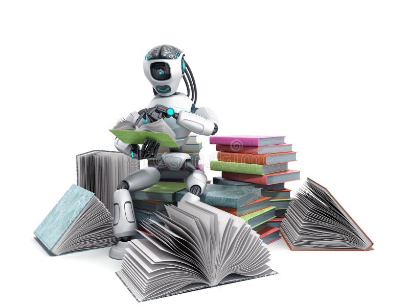 Modern concept of piece intelligence robot is reading books sitting on a pile of books3d render on white vector illustration