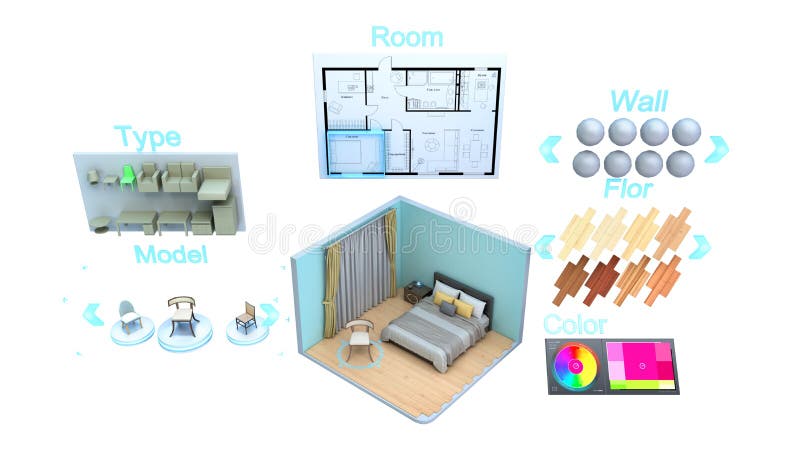 Modern concept for quickly creating interior design room design constructor 3d render on white no shadow stock illustration