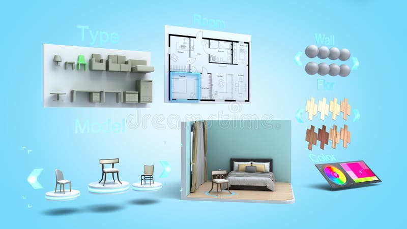 Modern concept for quickly creating interior design room design constructor 3d render image on blue gradient vector illustration