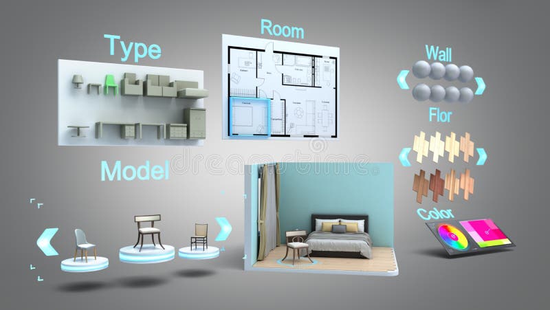 Modern concept for quickly creating interior design room design constructor 3d render image on grey gradient stock illustration
