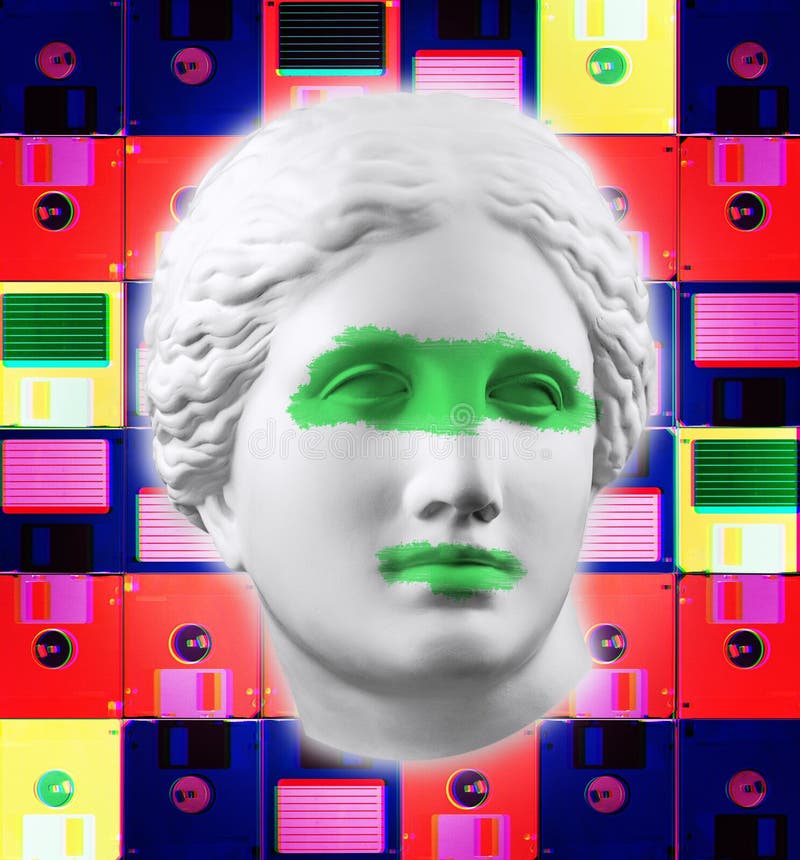 Modern conceptual art poster with face ancient statue and floppy disc. Collage of contemporary art. royalty free stock photo