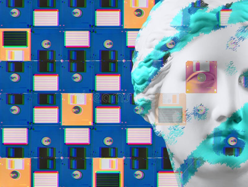 Modern conceptual art poster with face ancient statue and floppy disc. Collage of contemporary art. stock images