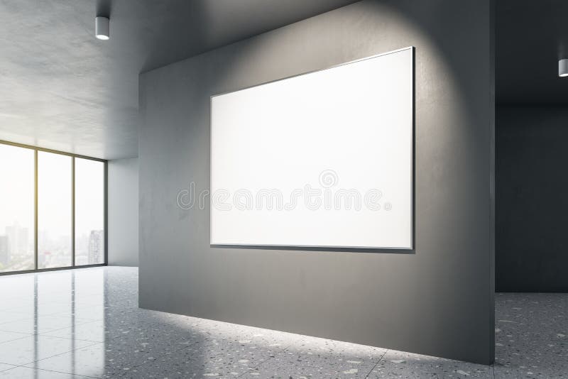 Modern concrete gallery interior with empty white mock up frame on walls and window with city view. Museum or apartment concept.