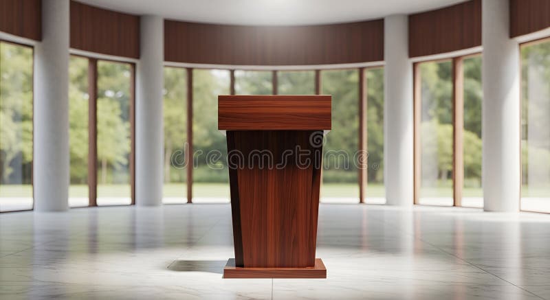 A modern wooden conference podium stands centrally in a bright, spacious hall with floor-to-ceiling windows. The hall features a polished marble floor and cylindrical columns, creating an elegant setting with abundant natural light. The view outside shows lush greenery, adding a refreshing backdrop. The podium's sleek, minimalist design is ideal for keynotes and presentations. Conference podium illustrations