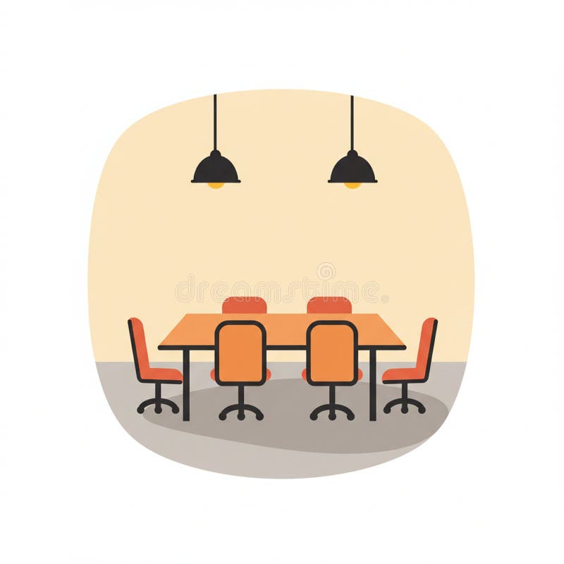 Modern conference room illustration featuring a rectangular table with five orange royalty free illustration