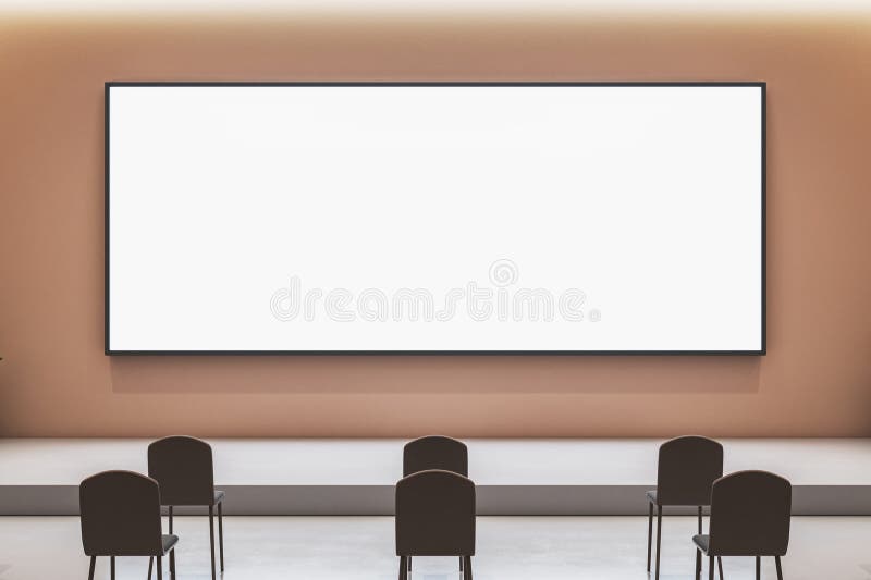 Modern conference room interior with blank display screen and empty chairs on stage under soft lighting, front view for vector illustration